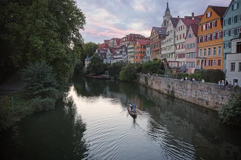Sunset view old town with river and boat in Germanzy Stock Photos