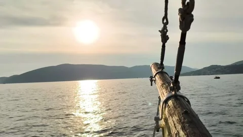 Sunset view from old vintage boat nose Stock Footage 340533278