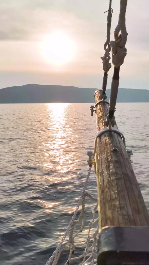 Sunset view from old vintage boat nose Stock Footage 340533344