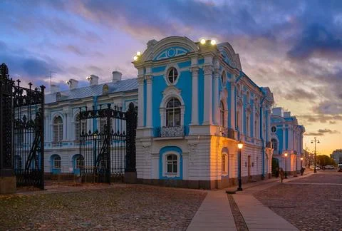 Sunset view of one of the monastery buildings at the Smolny Monastery, an a.. Stock Photos