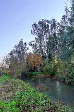 Sunset view of the origin point of the Jordan river Stock Photos