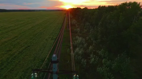 Sunset view over fields with power lines and trees in the background Stock Footage 303798823