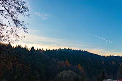 Sunset view over a forest landscape with a clear sky and a plane flying in .. 写真素材