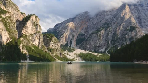 Sunset view over Lake Braies or Pragser Wildsee in the Dolomites Stock Footage 257473301