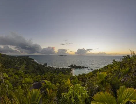 Sunset view over Pointe Ste Marie on Praslin Island in the Seychelles Stock Photos