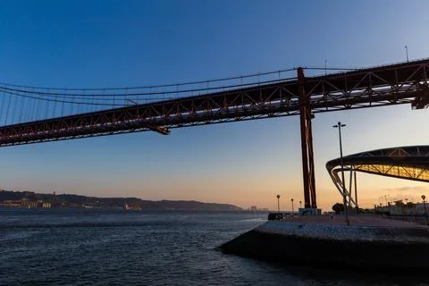 Sunset view over river and bridge in Lisbon Stock Photos
