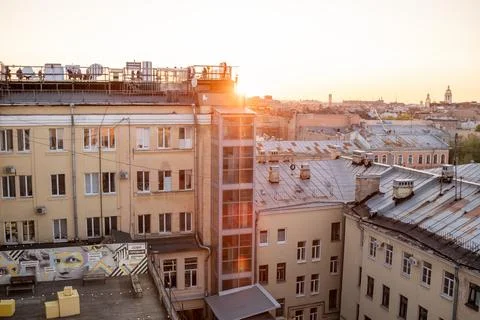 Sunset View Over the Rooftops of St. Petersburg, Showcasing Urban Architecture Stock Photos