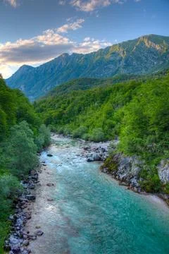 Sunset view over Soca river in Slovenia Stock Photos