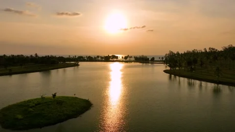 Sunset view of a park with palm trees and a lake Stock Footage 262356096