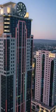 Sunset. View of the Phoenix skyscraper in the Grozny City skyscraper complex. Stock Photos