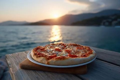 Sunset view of pizza on a table by the sea with distant mountains 스톡 사진