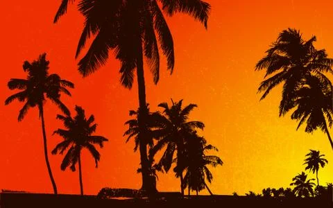 Sunset View with Plam Tree Stock Illustration