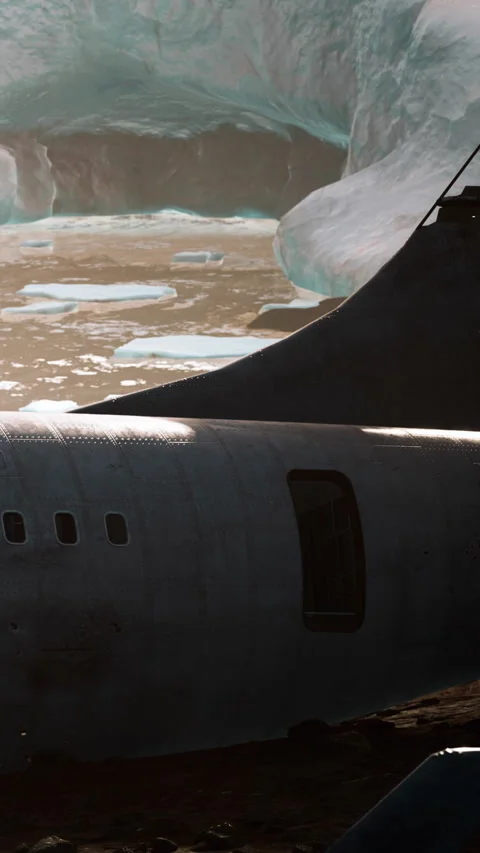 Sunset view of a plane wreck near a glacier in a remote area 스톡 동영상 345008090