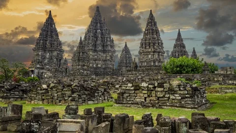 Sunset view of Prambanan Temple, one of the largest Hindu temples in Java Video stock 124591272