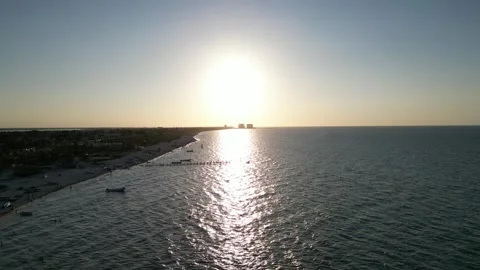 Sunset view of progreso beach with pelicans diving into water Stock Footage 304928685