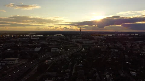 Sunset view of Riga bridge from air Stock Footage 312860644