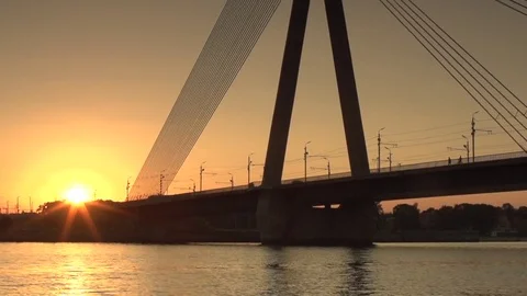 Sunset view of Riga`s bridge Video stock 84941966