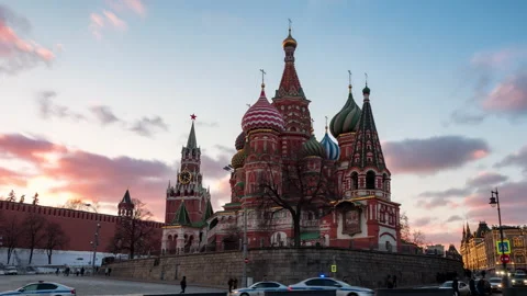 Sunset view of Saint Basil Cathedral and Spasskaya Tower on Red Square. Mosco Stock Footage 167878349