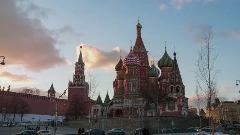 Sunset view of Saint Basil Cathedral and Spasskaya Tower on Red Square. Mosco Stock Footage 168016770