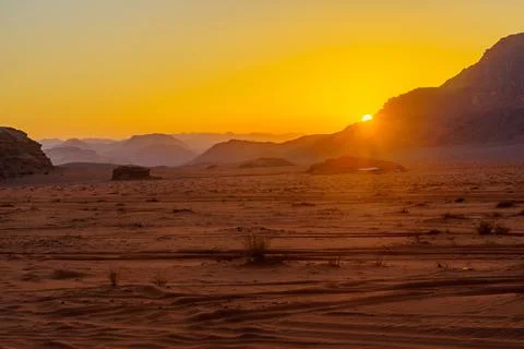 Sunset view of a sands and cliffs, in Wadi Rum Stock Photos