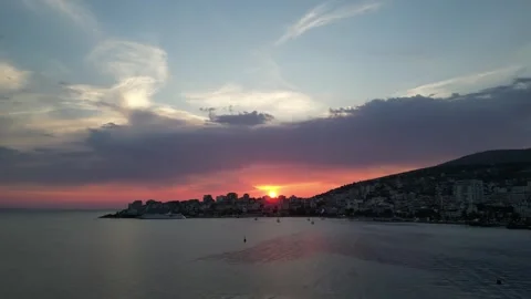 Sunset view in Sarande city Albania riviera summer colors amazing sunshine .. Stock Footage 253836070