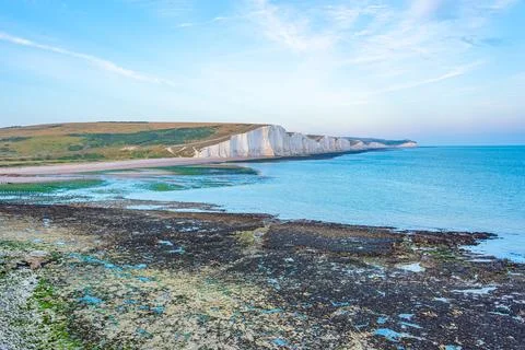 Sunset view of seven sisters cliffs in England 库存照片