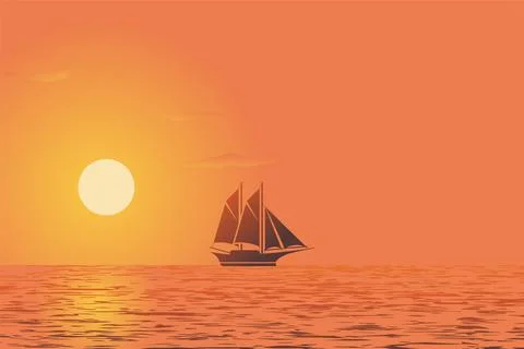 Sunset view with ship silhouette vector illustration Stock Illustration