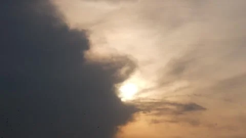 Sunset view with silhouettes of birds flying in a cloudy sky Видео 333419667