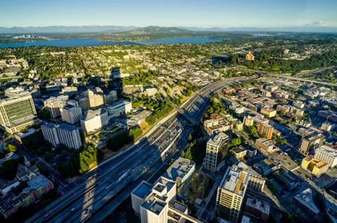 Sunset View from Sky View Observatory over Seattle with Space Ne Stock Photos