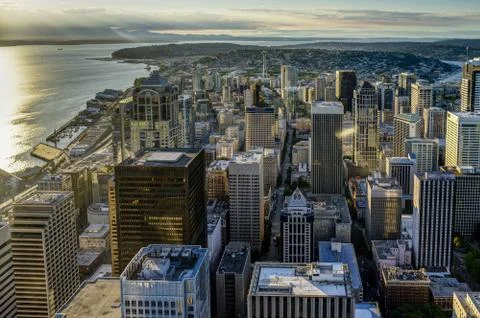 Sunset View from Sky View Observatory over Seattle with Space Ne Stock Photos