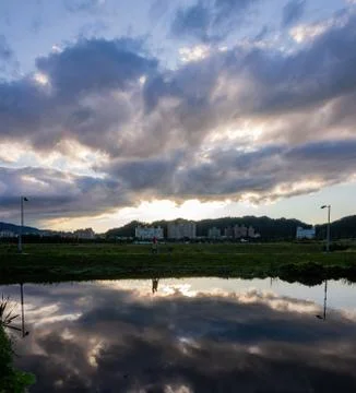 Sunset view of some cityscape with reflection in Xindian District area Stock Photos