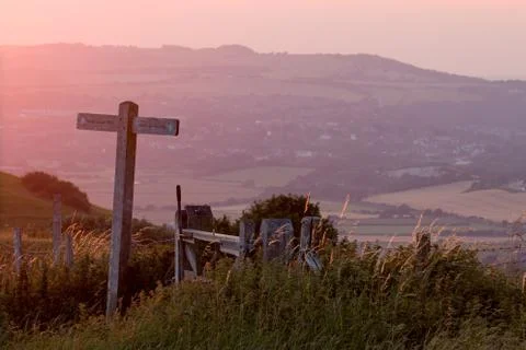 Sunset view from South Downs Way in Sussex Stock Photos