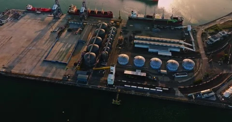 Sunset View Of Specialized Silos Transportation Industry Large Ships Loading Stock Footage 300488606