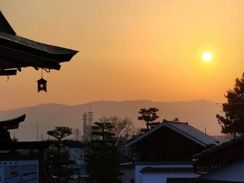 Sunset view from the temple with mountain in the background Stock Photos