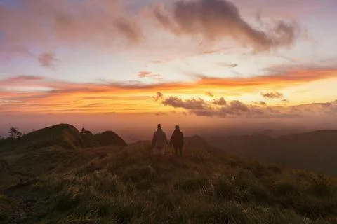 Sunset view from the top of the mountain Stock Photos