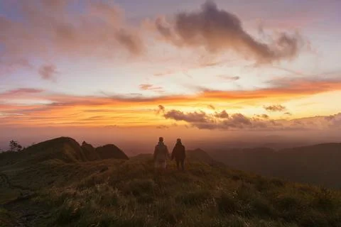 Sunset view from the top of the mountain Stock Photos