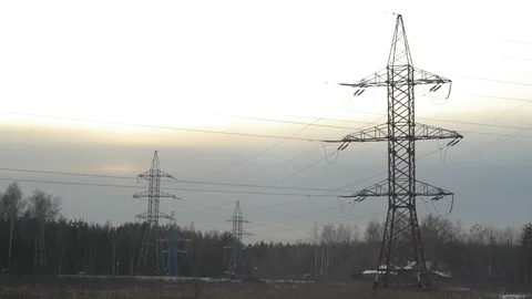 Sunset view. Tower, wires and road Stock Footage 123593440