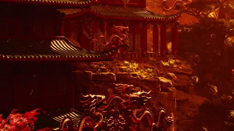 Sunset view of traditional building with dragon carvings in a forest Stock Footage 343948238