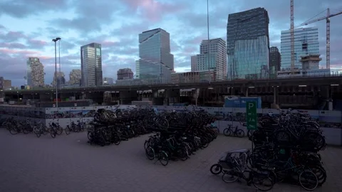 Sunset view of traffic and skyline of Amsterdam Zuidas Business district Stock Footage 303180595