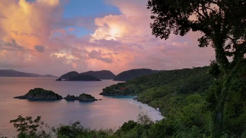 Sunset view of Trunk Bay beach, st john with audio Stock Footage 77919883