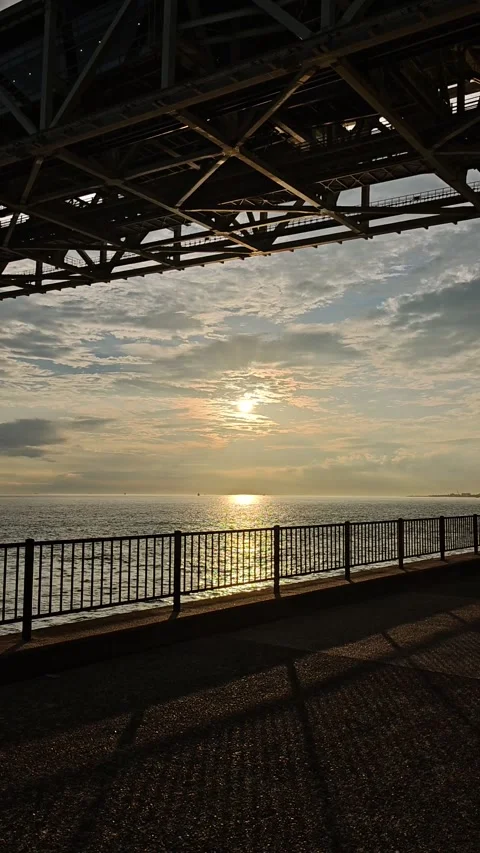 Sunset View Under a Waterfront Bridge in Kobe, Japan Stock Footage 321434911