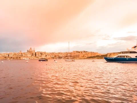 Sunset View to Valletta from Sliema, Malta Stock Photos