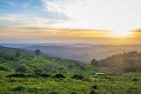 Sunset view in a valley around mount Foia on Monchique, Portugal Stock Photos