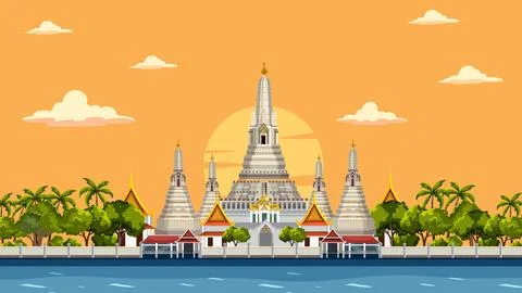 Sunset View of Wat Arun Temple in Bangkok Thailand Vector Illustration Stock Illustration