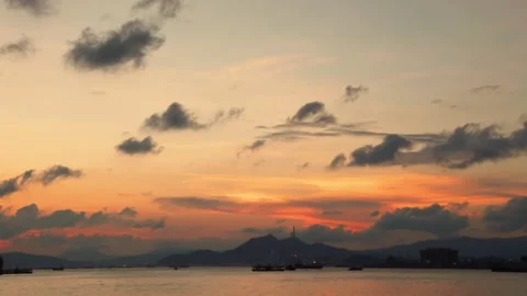 Sunset view of west TOLO Harbour, Hong Kong, with boats travelling around Stock Footage 154168462