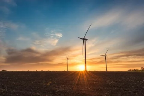 Sunset view with wind farm 스톡 사진