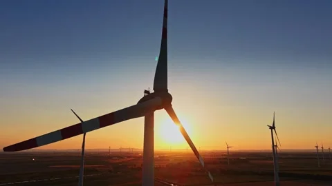 Sunset view of wind turbines in a large field Stock-Footage 342609538