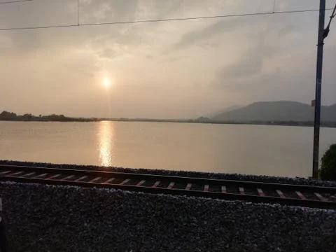 Sunset viewed from a window of a Train in south India 스톡 사진