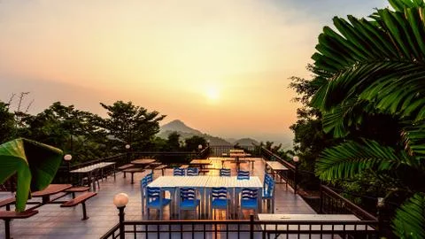 Sunset viewpoint of the restaurant on the mountain Stock Photos