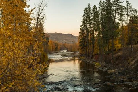 Sunset views of the Chewuch River as it flows through Winthrop Stock Photos